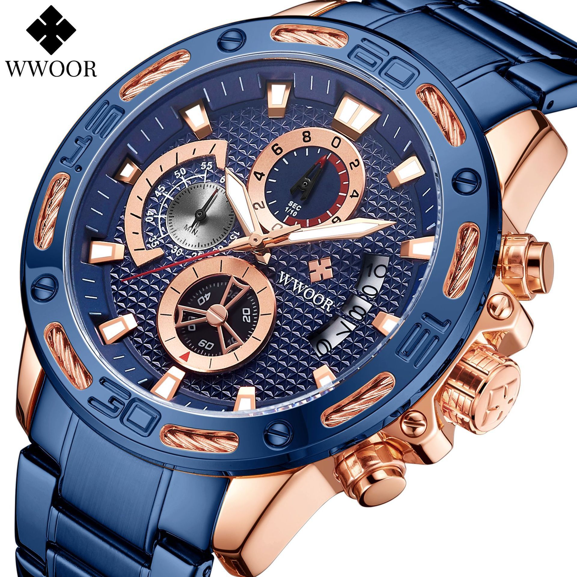 WWOOR 8879 Watch For Men Luxury Gold Stainless Steel Quartz Wrist watch Mens Waterproof Chronograph Man Watches relojes hombre