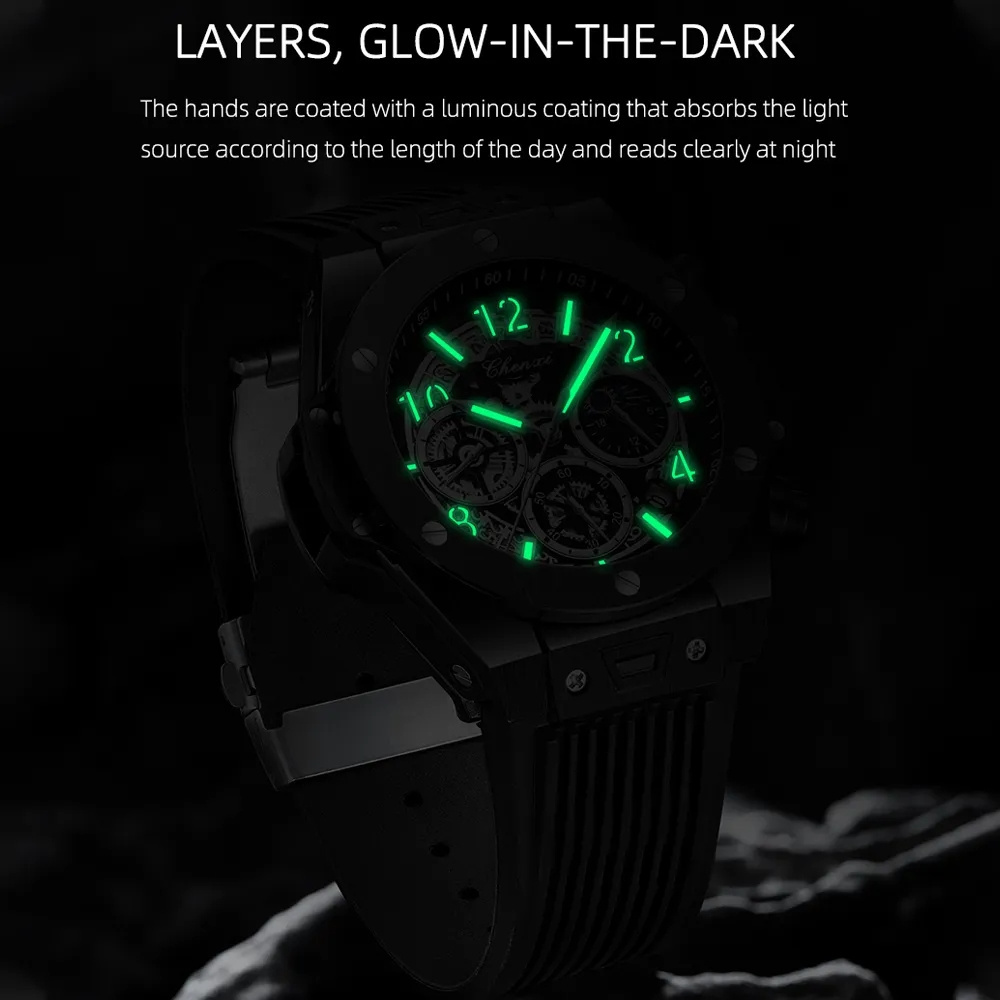 CHENXI 949 Fashion Multifunction Wristwatches Cool Men's Watch Geometric Rivet Design Moonlight Timing Luminous Quartz Watches M