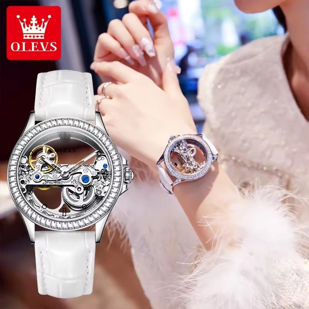 OLEVS 6699 New Automatic Mechanical Night Glow Waterproof Hollow out Watch Luxury Diamond Leather Elegant Women's Watch