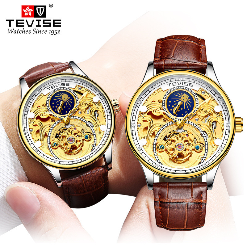 Tevise T820A Factory Original Men Mechanical Watch Business Meeting Automatic Watches Man Genuine Leather Strap Watch Clock