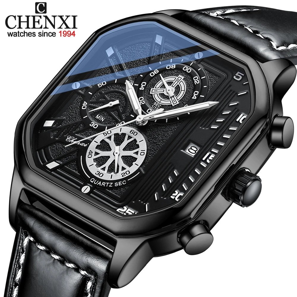 2023 CHENXI 904 New Fashion Square Men's Watches Casual Leather Waterproof Wrist Watch Quartz Men Sport Watch Chronograph Clock