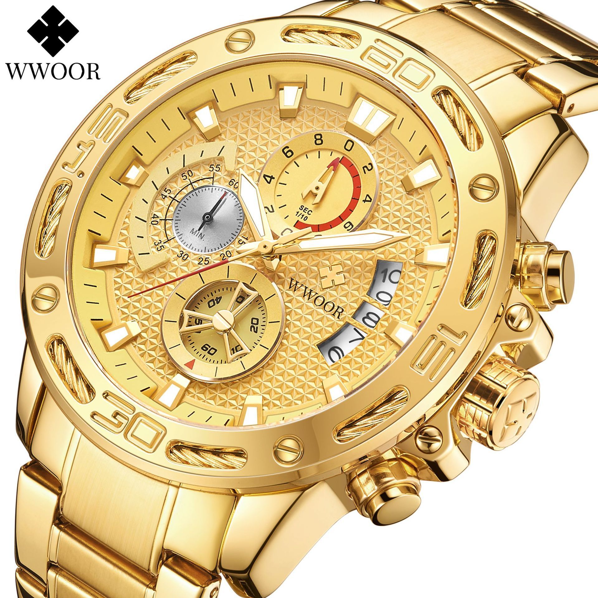 WWOOR 8879 Watch For Men Luxury Gold Stainless Steel Quartz Wrist watch Mens Waterproof Chronograph Man Watches relojes hombre