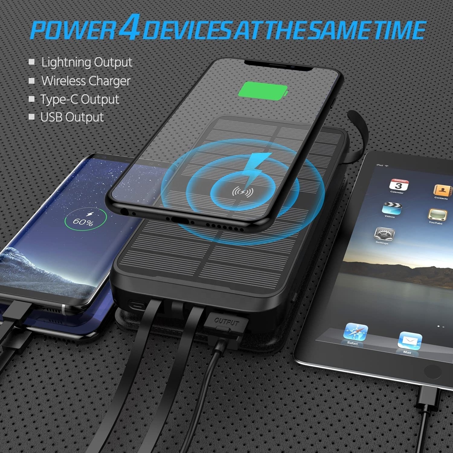 43800mAh Battery Qc3.0 Fast Charging Qi 10W Wireless Charger 4 Solar Panels Power Bank with Built In Cables