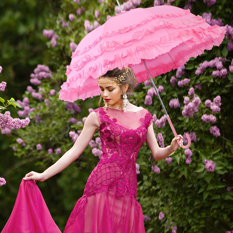 Hot selling multilayer parasol umbrella long handle princess lace bridal umbrella custom