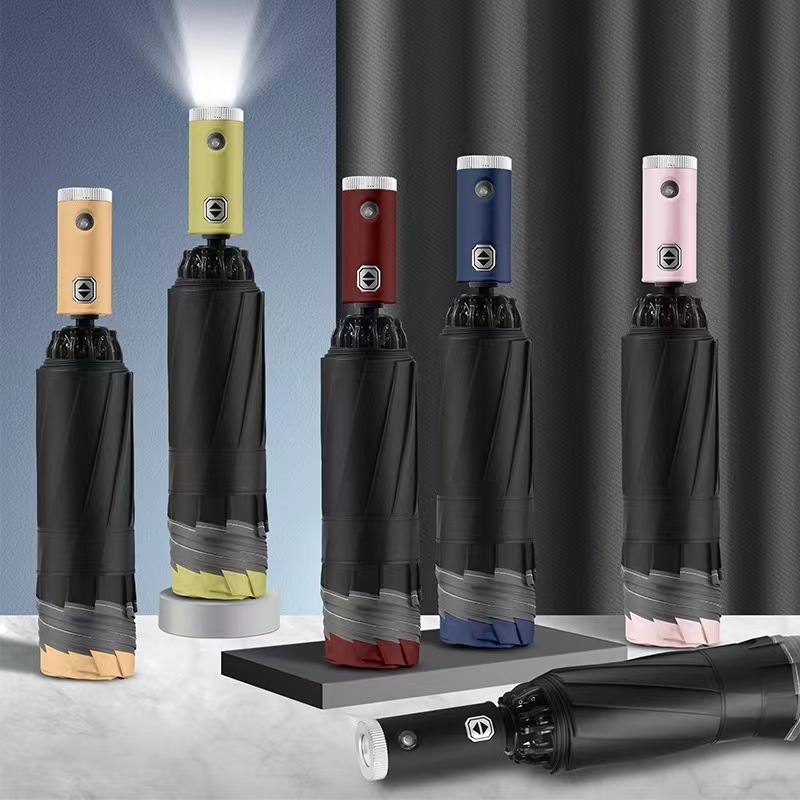 Newest UPF50+ Folding Reverse LED Flashlight Automatic Umbrella with Reflective Stripe for Safe Travel at Night