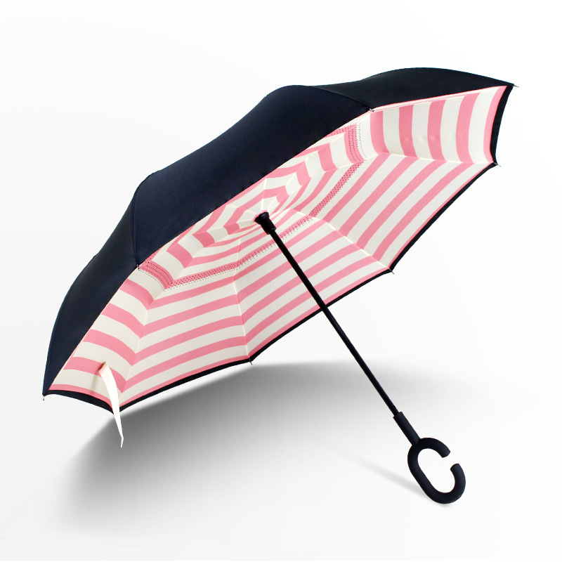 Stock Custom Double Layer Inside Out C Shape Handle Inverted Reverse Umbrella With Logo Prints