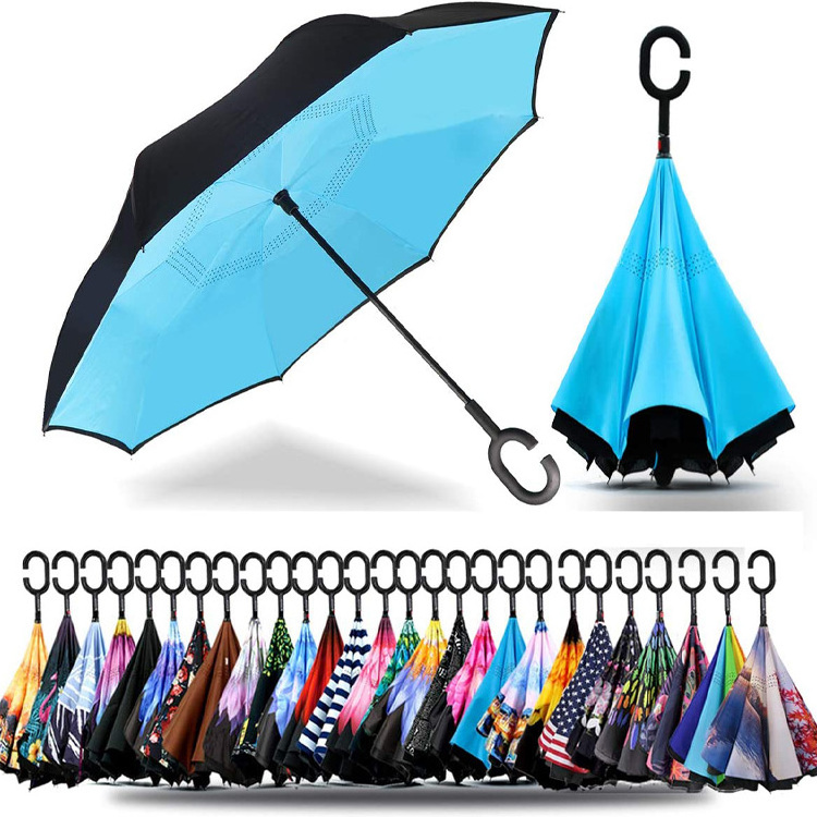 Stock Custom Double Layer Inside Out C Shape Handle Inverted Reverse Umbrella With Logo Prints