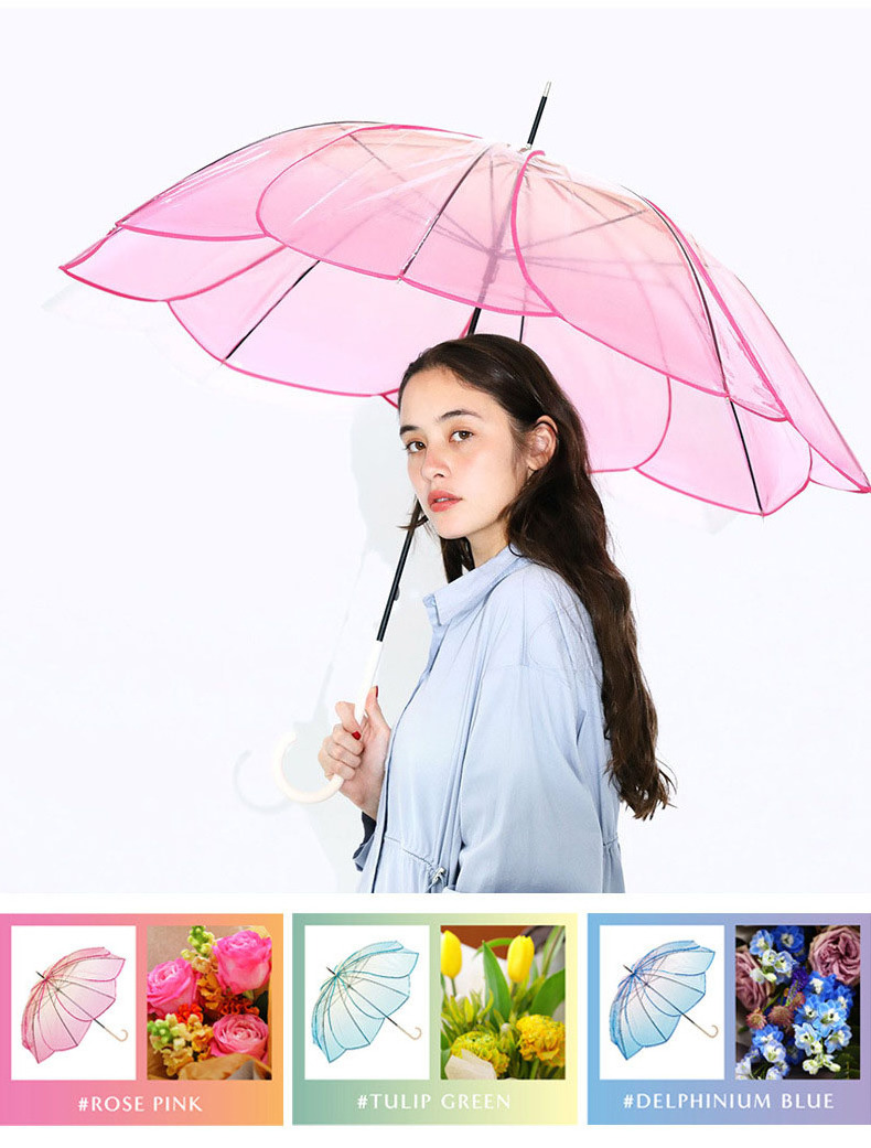 Creative Gradient Clear Lotus Umbrella Curve Handle Straight Transparent Flower Petal Umbrellas for the Rain