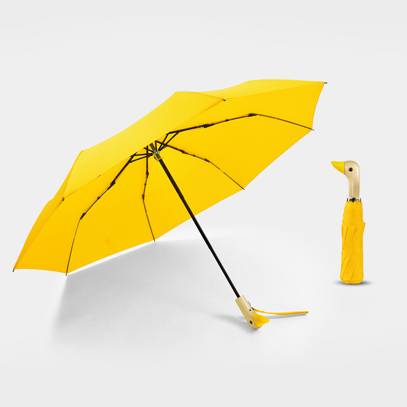 Creative three fold umbrella duck head wooden handle personality cute rain and sun portable umbrella folding