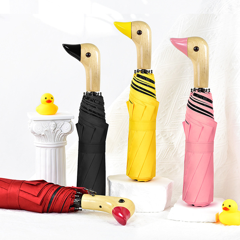 Creative three fold umbrella duck head wooden handle personality cute rain and sun portable umbrella folding