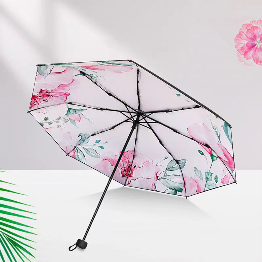 Pretty Flower Pattern Black Coating UV Protection Sun Shading Umbrella Three Fold Women's Umbrella