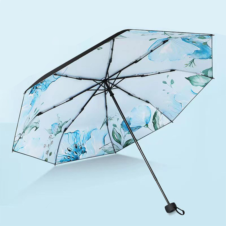 Pretty Flower Pattern Black Coating UV Protection Sun Shading Umbrella Three Fold Women's Umbrella