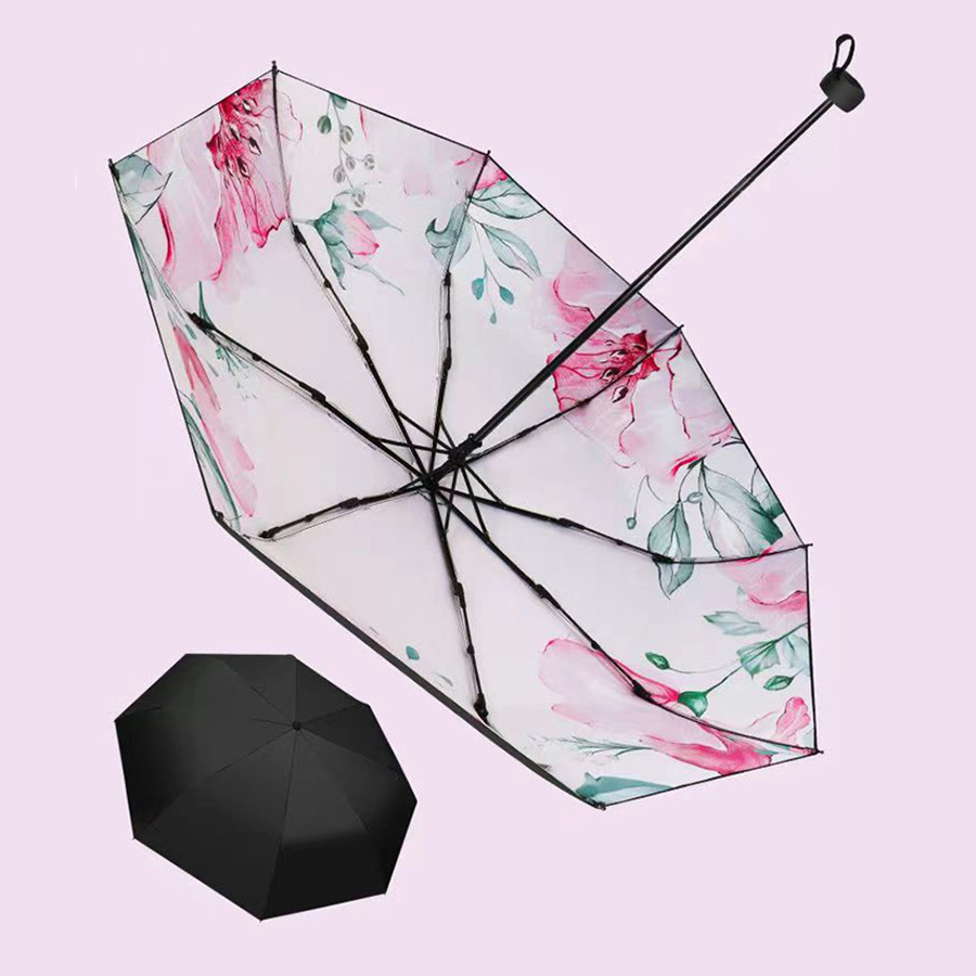 Pretty Flower Pattern Black Coating UV Protection Sun Shading Umbrella Three Fold Women's Umbrella