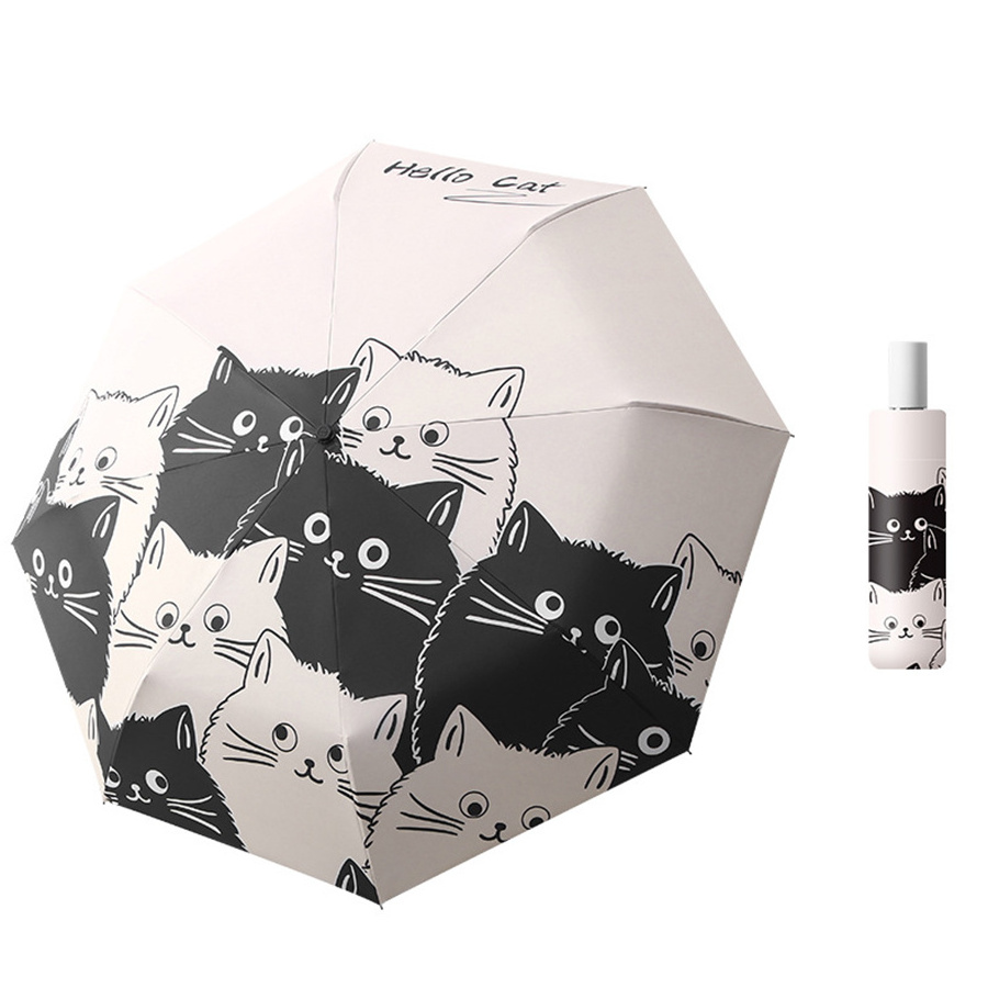 Cartoon Black White Cat Three Folding Umbrella Sunny And Rainy Sun Shading UV Protection Umbrella