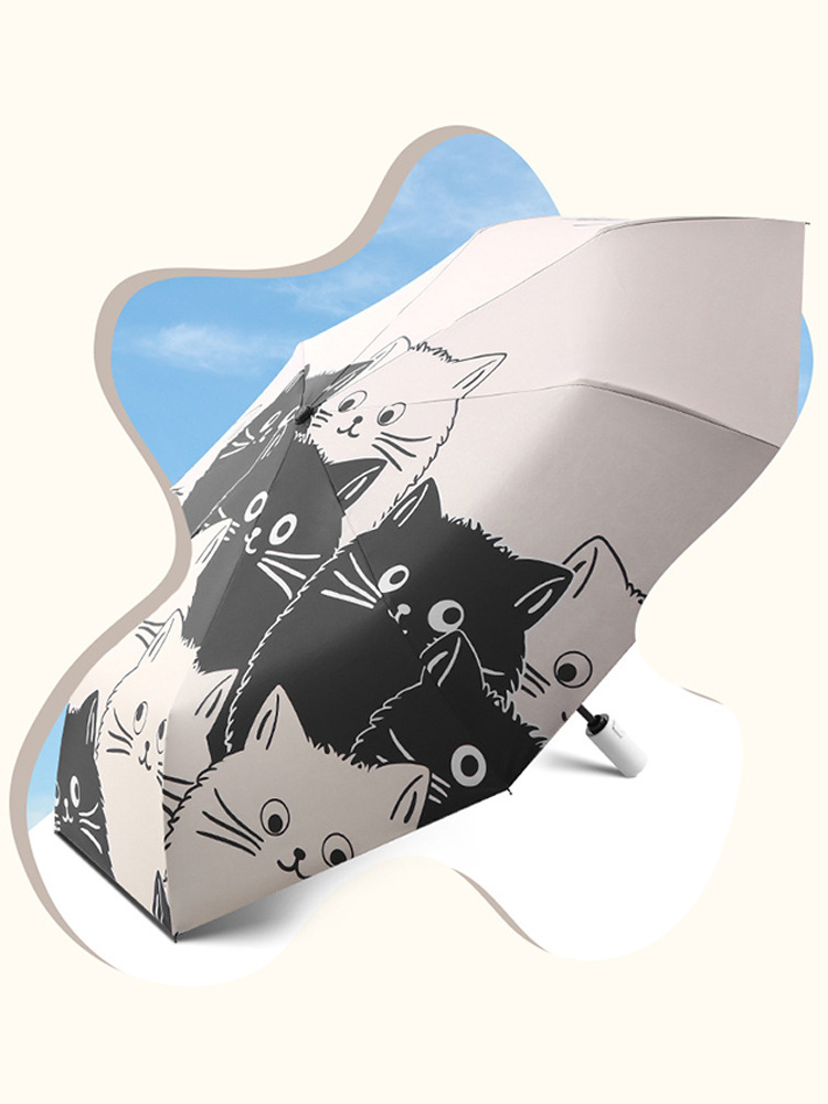 Cartoon Black White Cat Three Folding Umbrella Sunny And Rainy Sun Shading UV Protection Umbrella