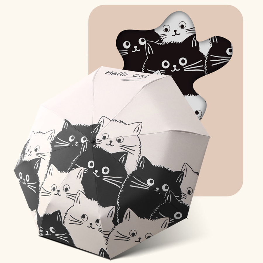 Cartoon Black White Cat Three Folding Umbrella Sunny And Rainy Sun Shading UV Protection Umbrella