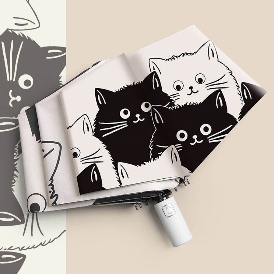 Cartoon Black White Cat Three Folding Umbrella Sunny And Rainy Sun Shading UV Protection Umbrella