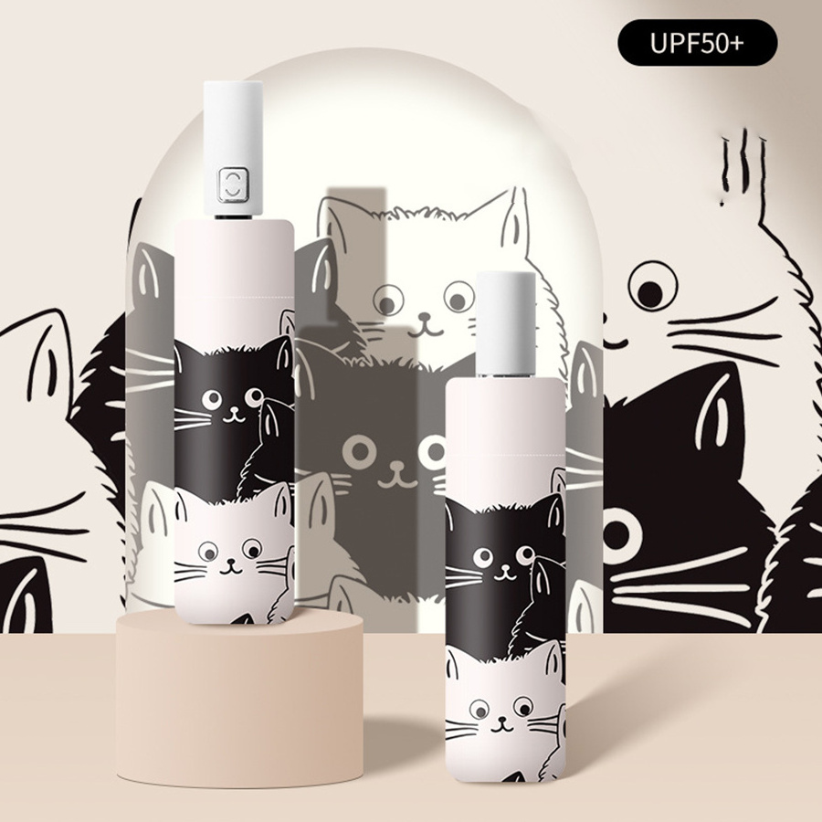 Cartoon Black White Cat Three Folding Umbrella Sunny And Rainy Sun Shading UV Protection Umbrella