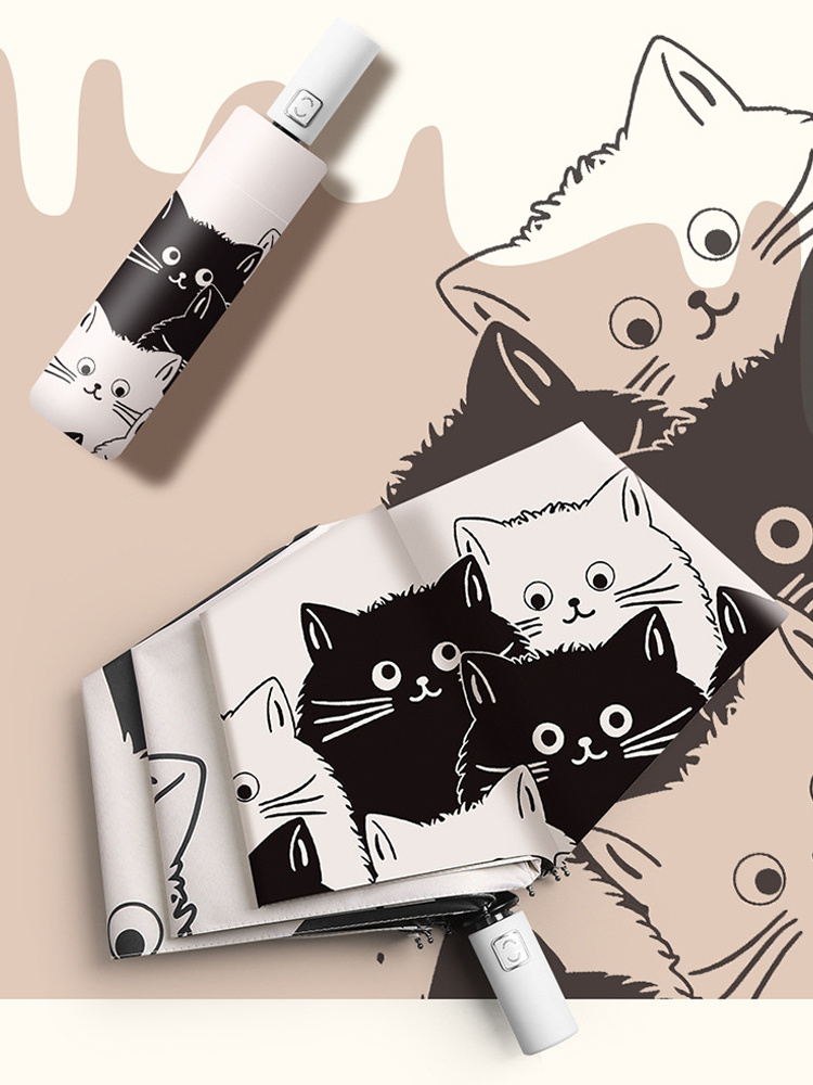 Cartoon Black White Cat Three Folding Umbrella Sunny And Rainy Sun Shading UV Protection Umbrella