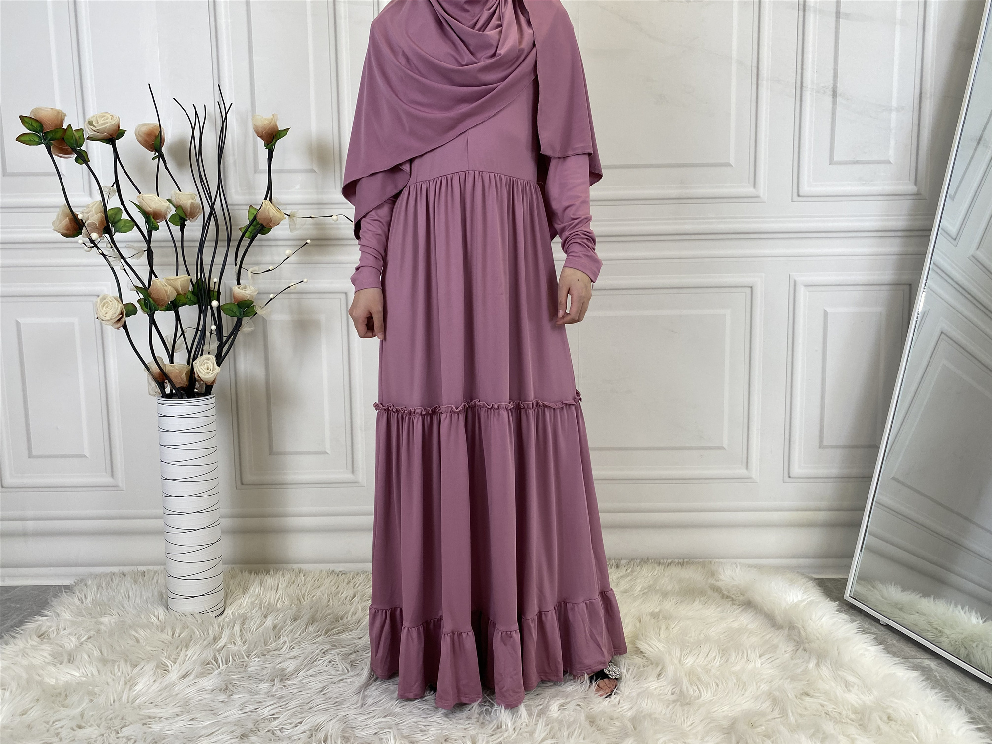 Long Muslim Dress With Scarf Hijab Islamic Clothing Jilbab Niqab Burqa Women Ramadan Eid