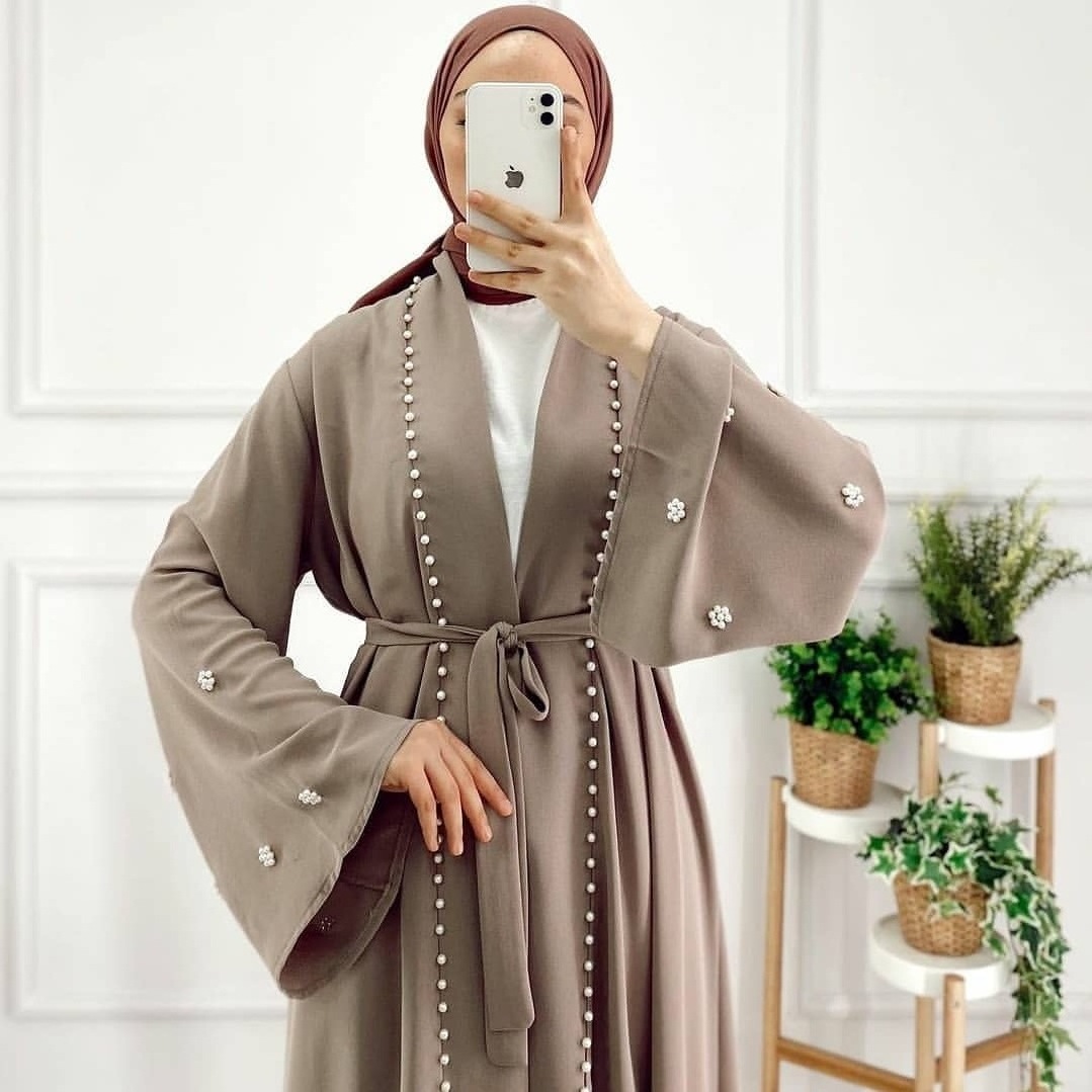 traditional arabic Islamic Clothing Front Open Abaya With Pearls Decoration For Muslim Noble Lady Islamic Dress