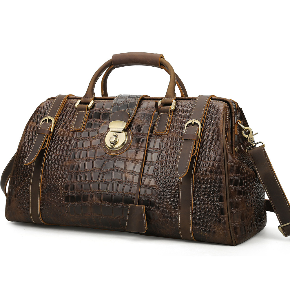 2022 New Design Drop Shipping Extra Large Luxury Brown Duffel Bags Crocodile Pattern Genuine Leather Carry On Holdall Travel Bag