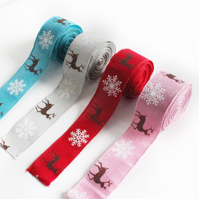 Merry Christmas Decor Deer, Printed Gift Ribbons Roll Sets Wide Christmas Wired Edge Ribbon/