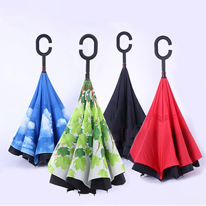 Wholesale Inverted Reverse Umbrella C-hook Hands Free Handle Upside-down Double Layer Outdoor Umbrella With Logo Printed Custom