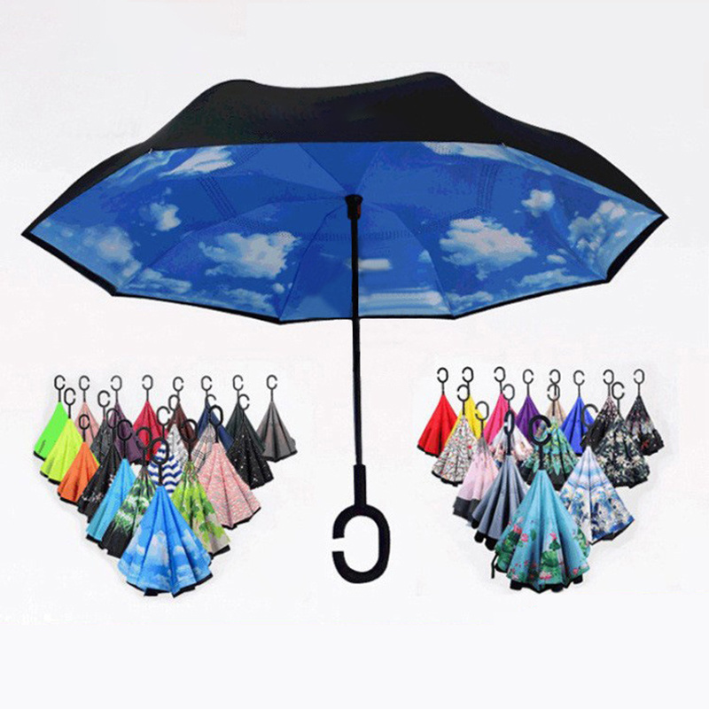 Wholesale Custom Logo Printed Double Fabric Windproof C Shape Handle Upside Down Inverted Reverse Rain Umbrella