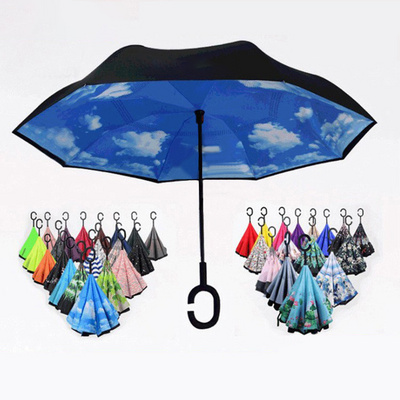 Wholesale Custom Logo Printed Double Fabric Windproof C Shape Handle Upside Down Inverted Reverse Rain Umbrella