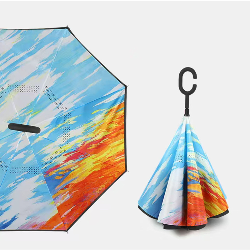 Wholesale Custom Logo Printed Double Fabric Windproof C Shape Handle Upside Down Inverted Reverse Rain Umbrella