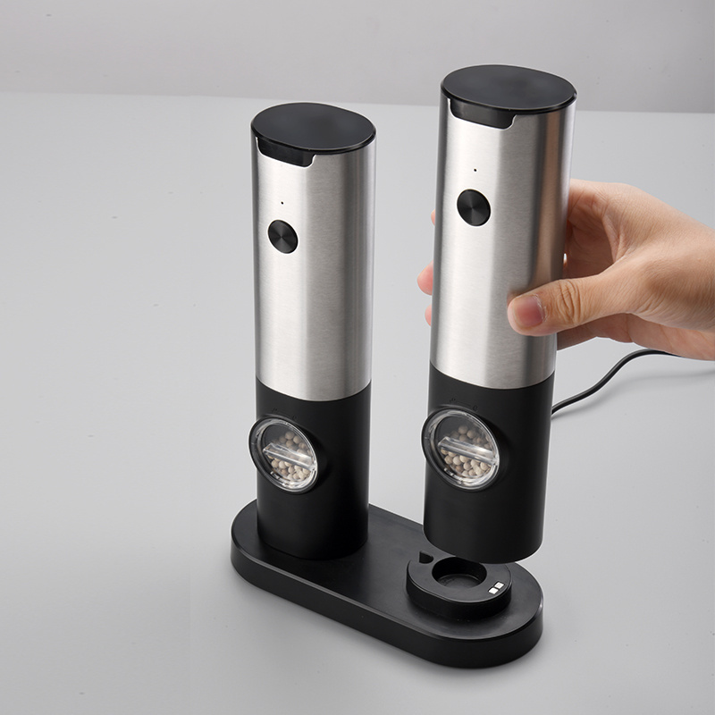 Rechargeable Salt And Pepper, Grinder Set Electric Stainless Steel Household Black Pepper Mill Grinder With Holder/