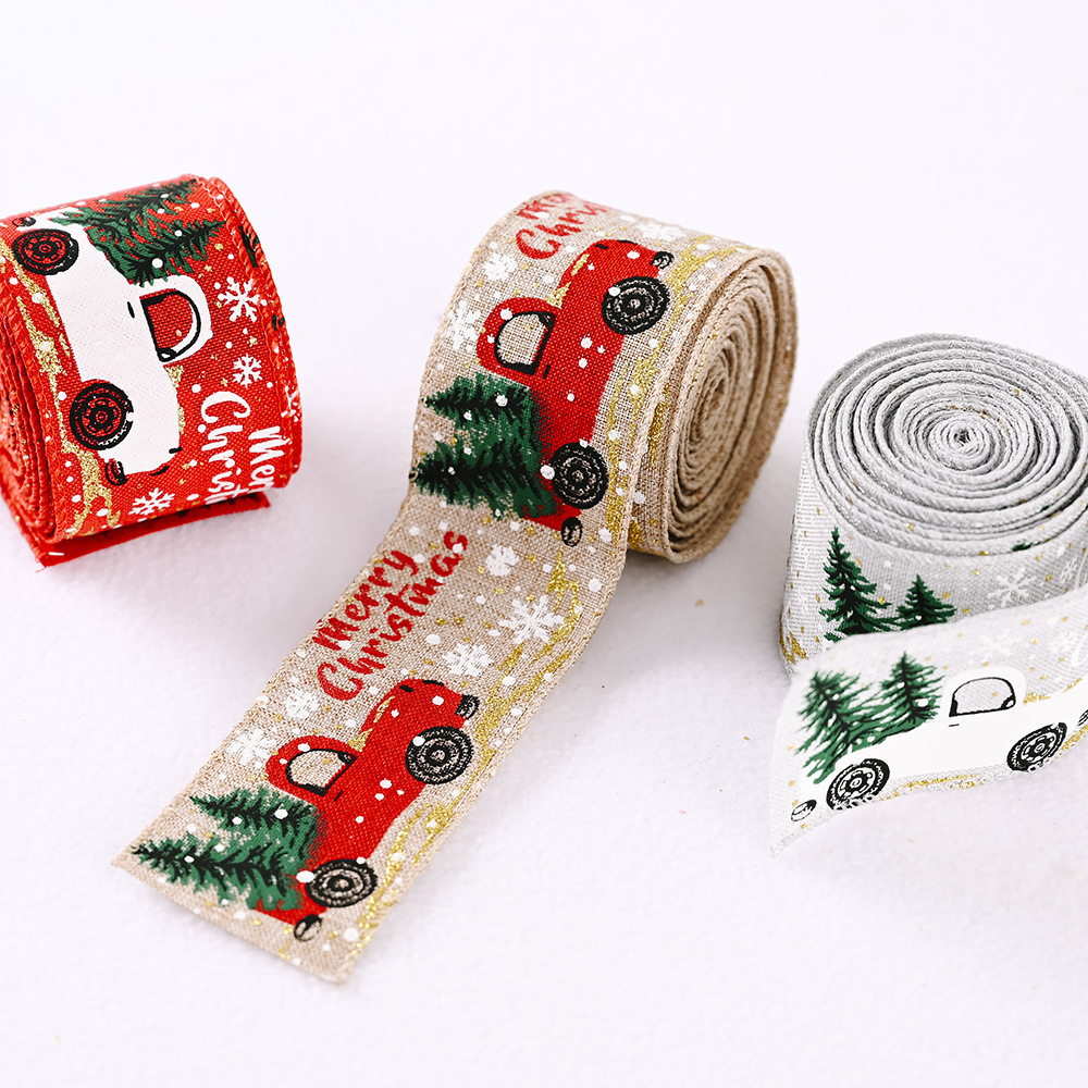 Gift Packaging Decorative Cartoonm Stickers Linen 5m Gifts Ribbon Bows Merry Xmas Ribbon Wired Christmas Ribbon/