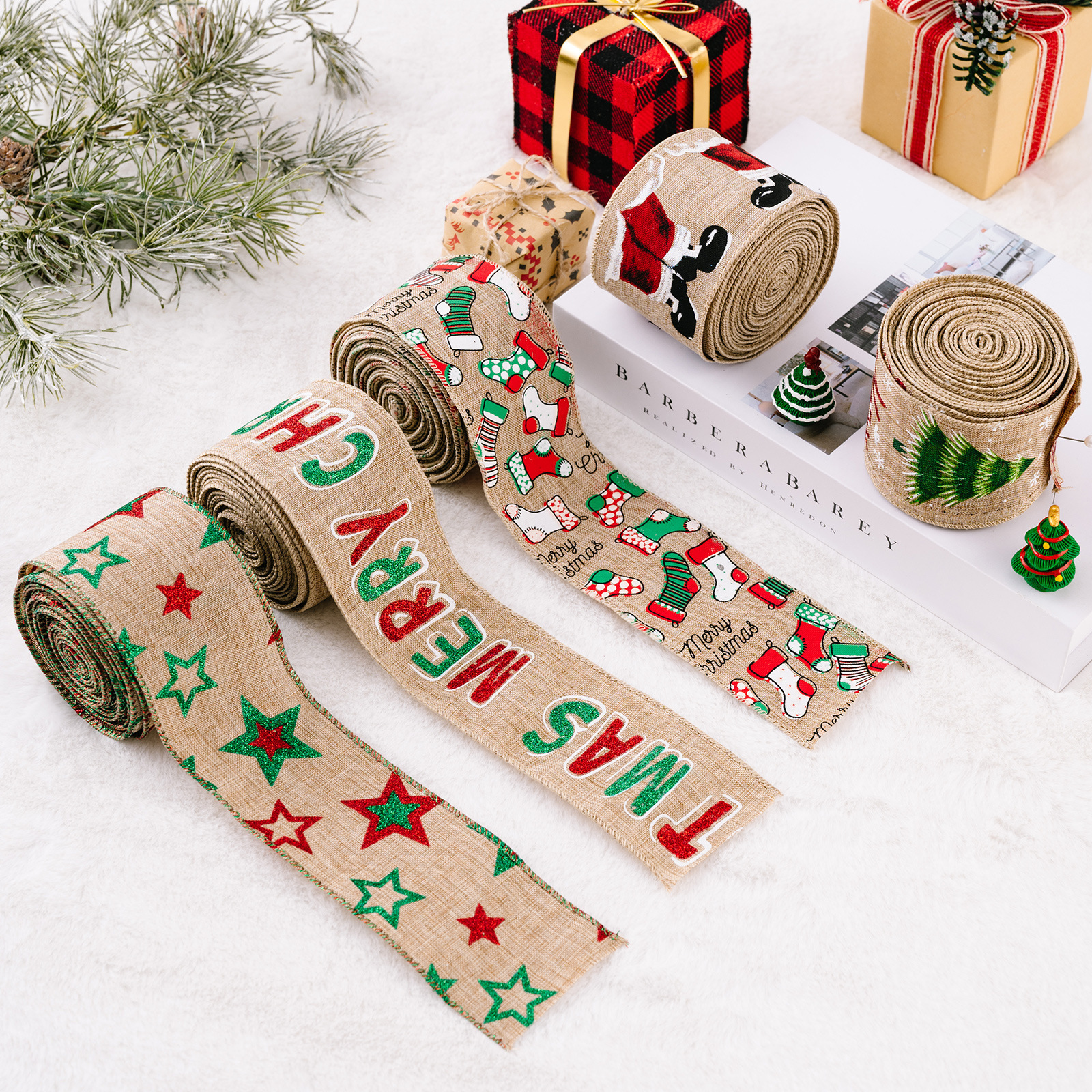 Gift Packaging Decorative Cartoonm Stickers Linen 5m Gifts Ribbon Bows Merry Xmas Ribbon Wired Christmas Ribbon/