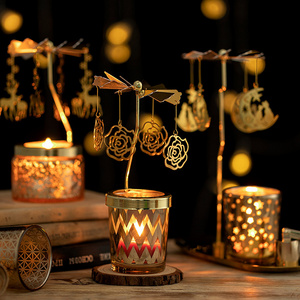 Christmas Decoration Fashionable Metal, Tray Candlestick Spinning Carousel Rotating Tealight Candle Stand Holder/