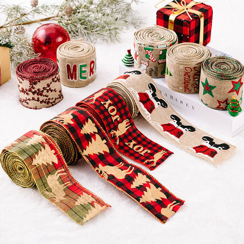 Merry Christmas Decor Deer, Printed Gift Ribbons Roll Sets Wide Christmas Wired Edge Ribbon/