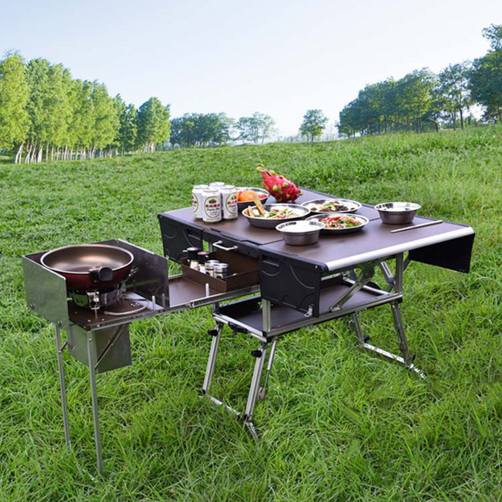 5-8 Person Outdoor Camping, Kitchen Stand Foldable Picnic Table Folding Mesa De Camping Table With Cup Holder And Cookware Set/