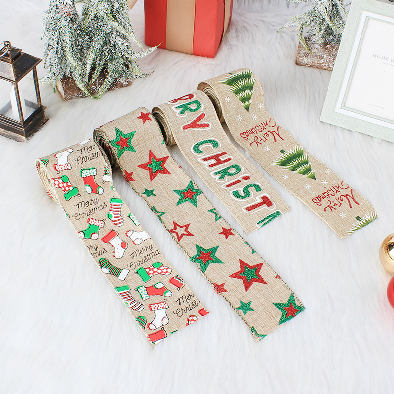 Merry Christmas Decor Deer, Printed Gift Ribbons Roll Sets Wide Christmas Wired Edge Ribbon/