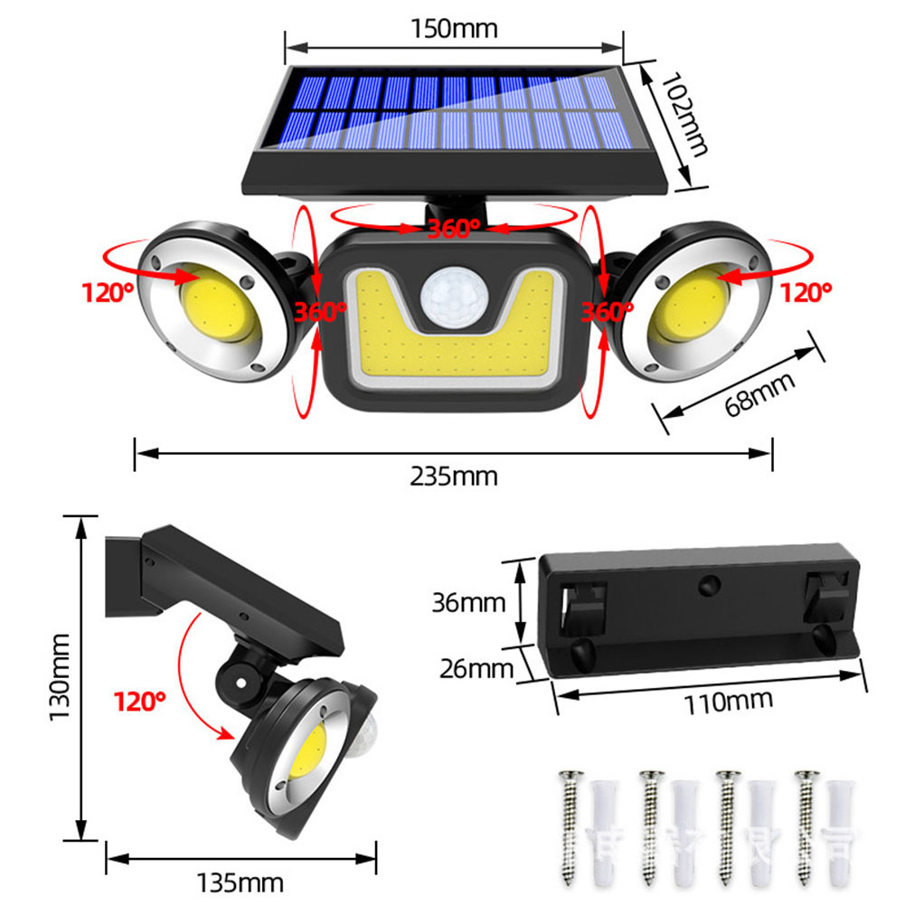 Waterproof Outdoor Motion Sensorthree, Heads Solar Security Lights Powered Pir Sensor Light/