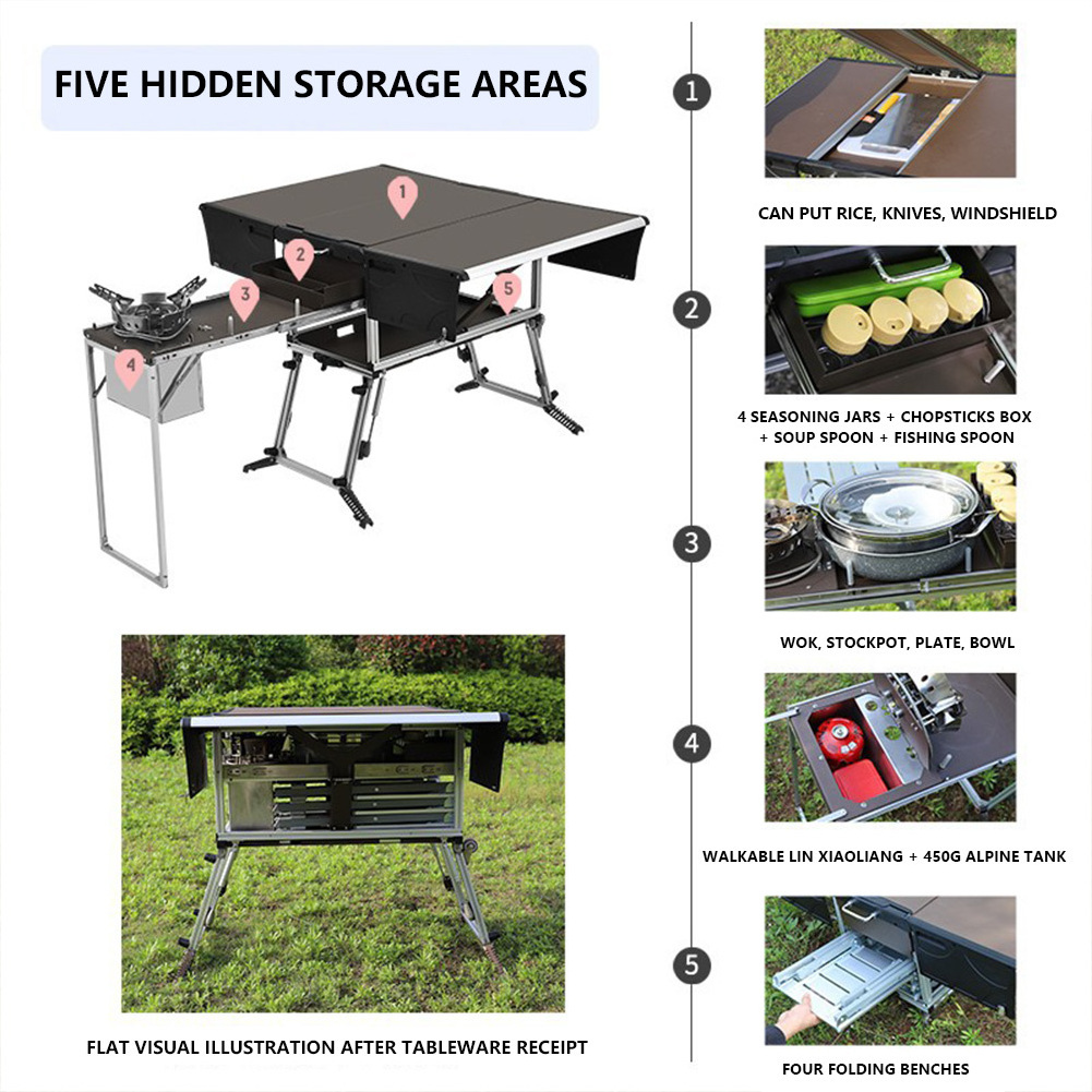 5-8 Person Outdoor Camping, Kitchen Stand Foldable Picnic Table Folding Mesa De Camping Table With Cup Holder And Cookware Set/