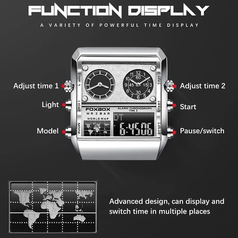 FOXBOX Watch Men Waterproof Analog Quartz Digital Clock Man Waterproof LED Double Display Watches Mens Luxury Stainless Steel