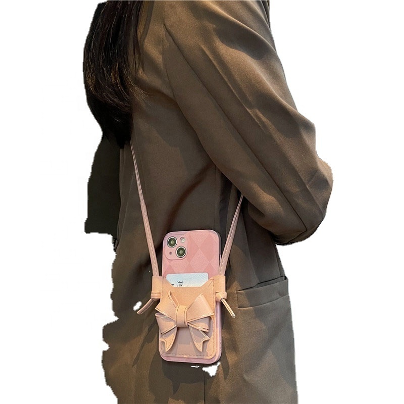 Ins Style Leather texture phone case with bow card bag leather phone lanyard plaid design phone case camera protection cover