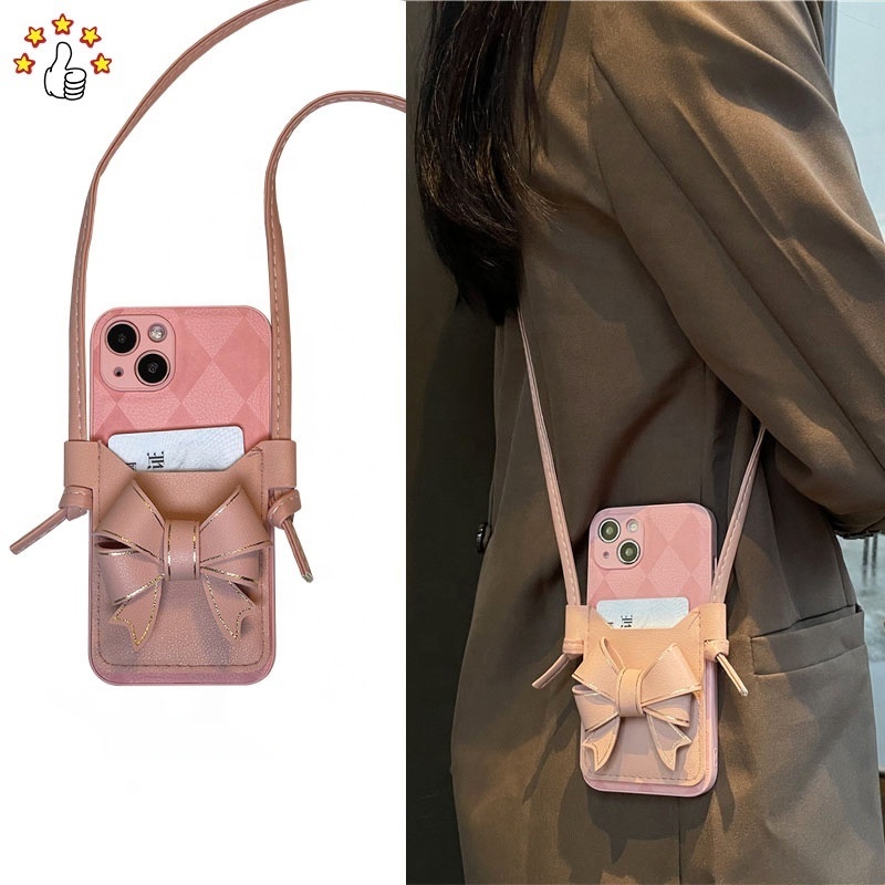 Ins Style Leather texture phone case with bow card bag leather phone lanyard plaid design phone case camera protection cover