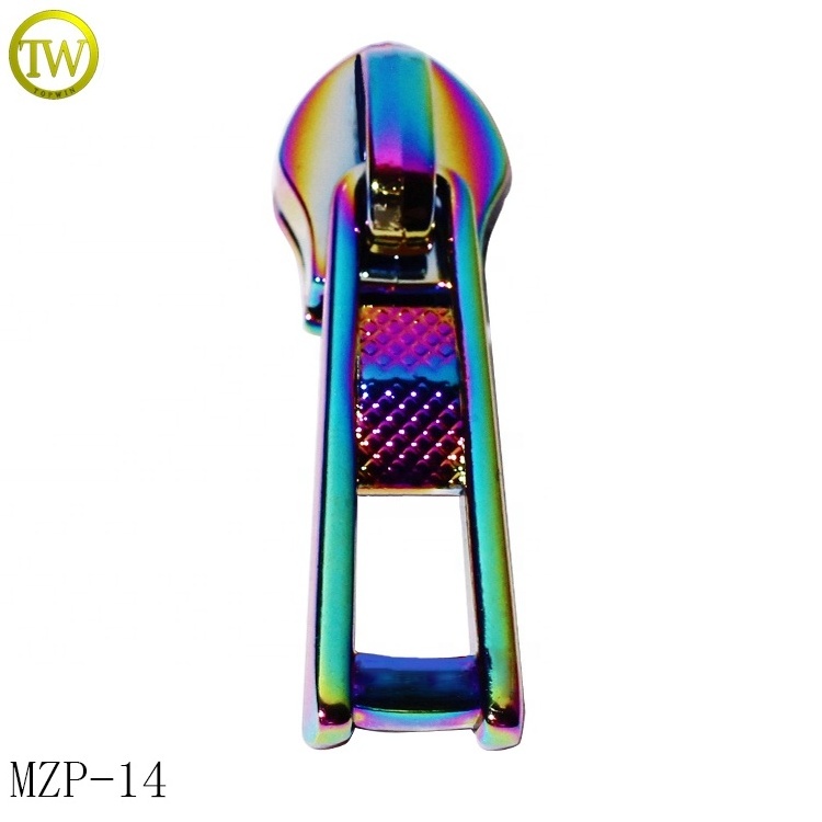 Custom made women purse accessory brand zipper pulls rainbow logo blanks luggage metal zipper slider