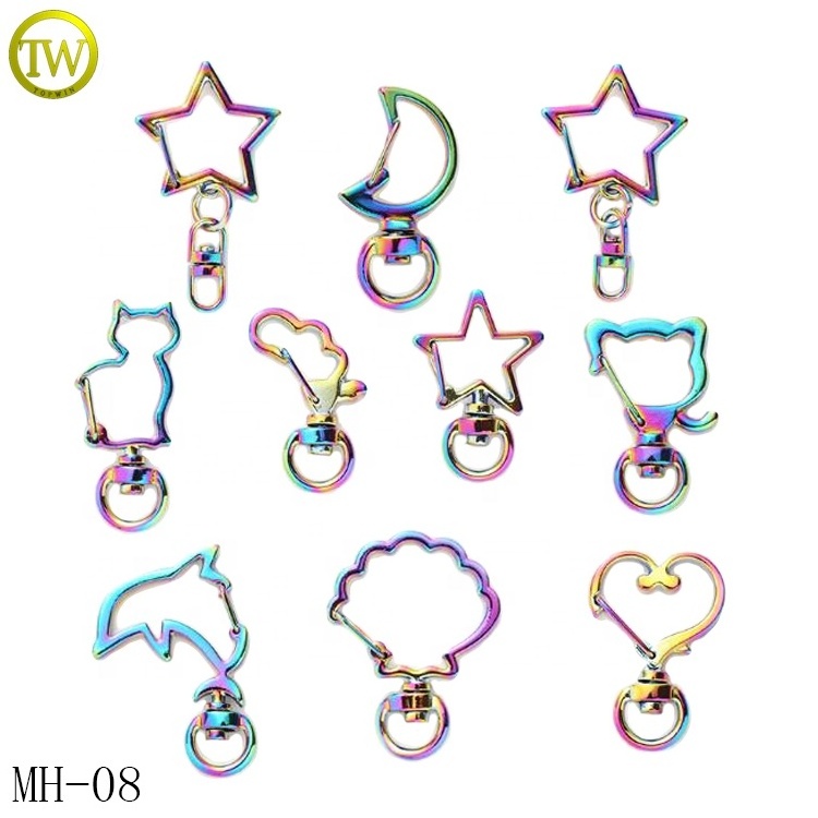 Eco-friendly custom shape rainbow small hook accessory metal keyring strap parts trigger swivel hook for purse