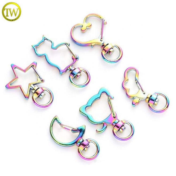 Eco-friendly custom shape rainbow small hook accessory metal keyring strap parts trigger swivel hook for purse