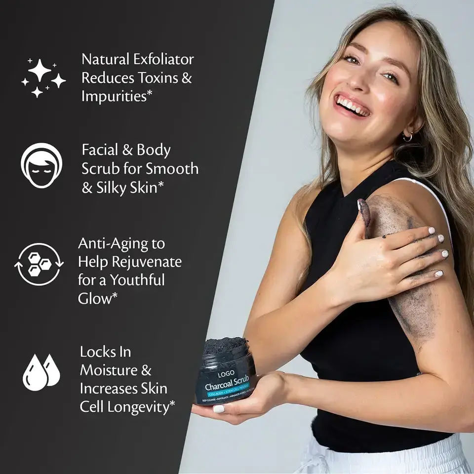 Private Label Charcoal Exfoliating Body Scrub Polish with Collagen & Stem Cell Gentle Body Exfoliator Face Scrub