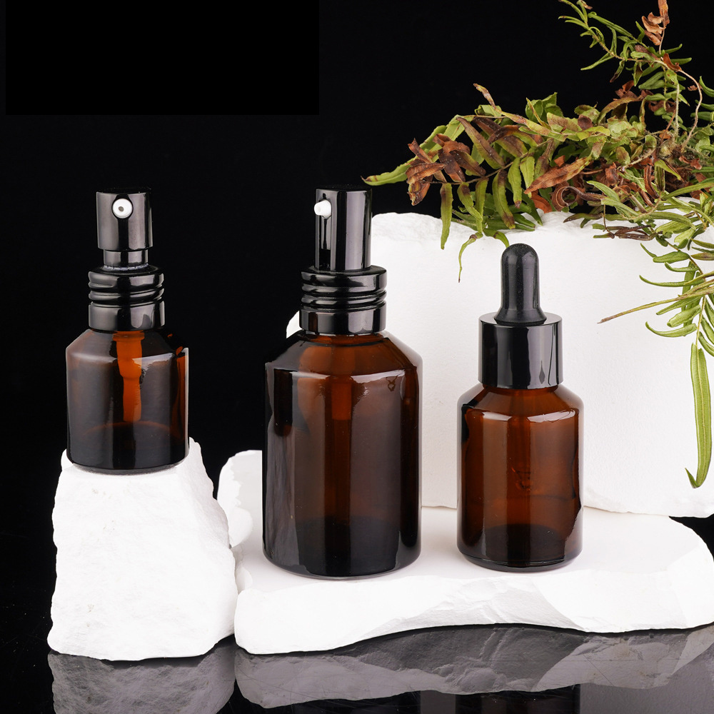 Ecofriendly Empty Cosmetic Container Set 15g 30g 100ml Wide Mouth Jar and Dropper Bottle Unique Amber Glass Skincare Packaging