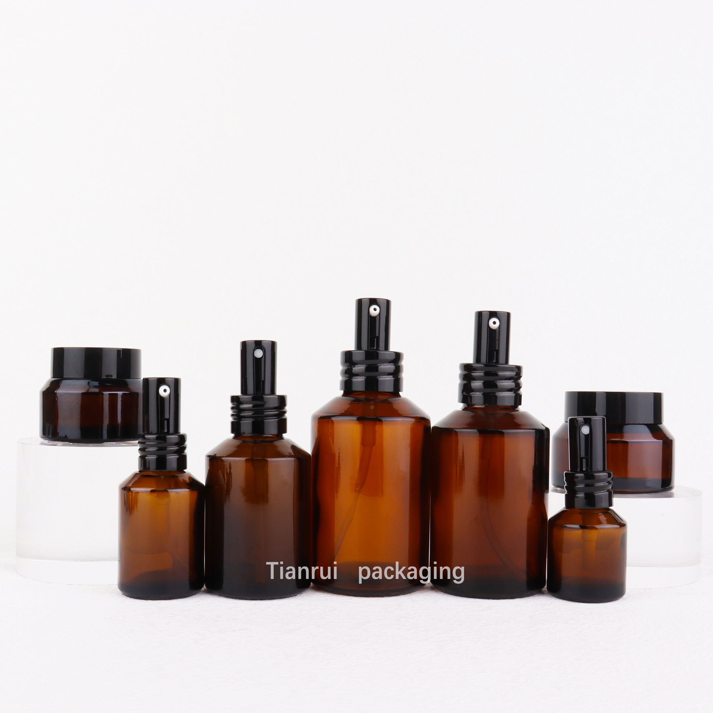 Ecofriendly Empty Cosmetic Container Set 15g 30g 100ml Wide Mouth Jar and Dropper Bottle Unique Amber Glass Skincare Packaging