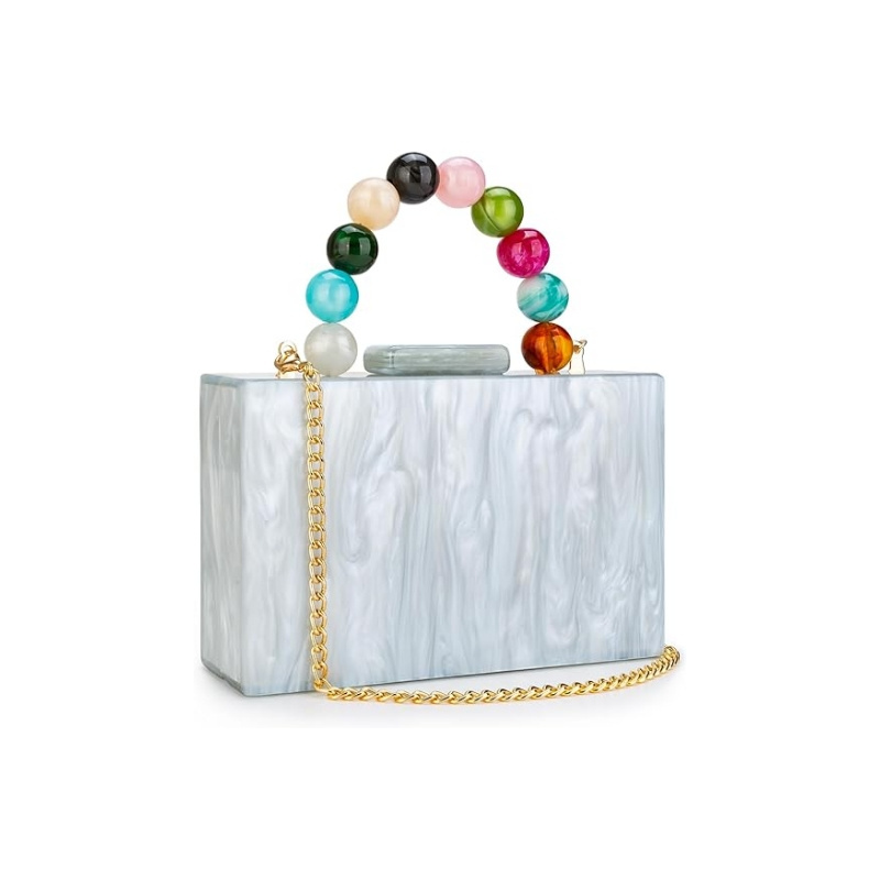 Special New Color Custom Marble Evening Handbag Clutch Square Box Acrylic Bag With Bead Handle Clutch Purse Wallet